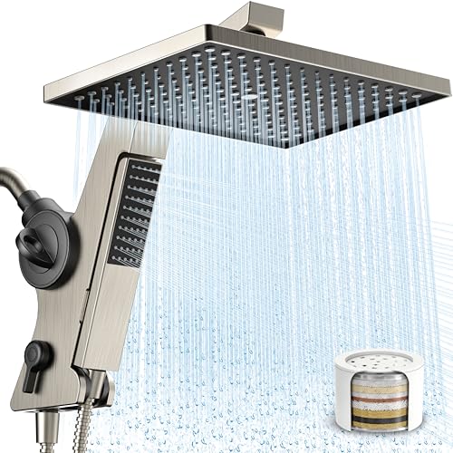 Filtered Rain Shower Head with Handheld Combo High Pressure 12'' Rainfall Shower Heads & Hidden Detachable Wand Dual Showerhead Water Softener for Hard Water Easy Filter Replacement