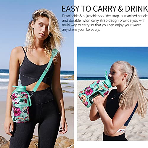 Half Gallon Water Bottle with Sleeve 64 OZ Water Bottle with Handle & Straw Leakproof Motivational Sports Gym Water Bottle with Time Marker Water Jug with Neoprene Holder
