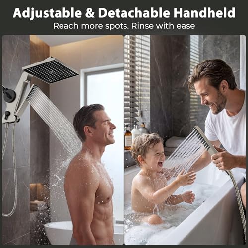 Filtered Rain Shower Head with Handheld Combo High Pressure 12'' Rainfall Shower Heads & Hidden Detachable Wand Dual Showerhead Water Softener for Hard Water Easy Filter Replacement