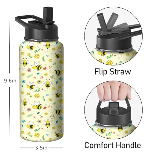 32oz Bee Water Bottle with Handle and Flip Straw