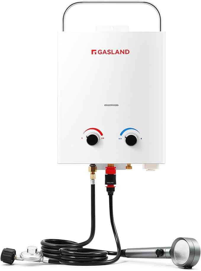GASLAND Outdoor Propane Camping Water Heater, 1.32 GPM Portable Gas Tankless Water Heater, 5L, White, AS132