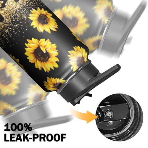 32oz Leopard Sunflower Water Bottle with Handle and Flip Straw