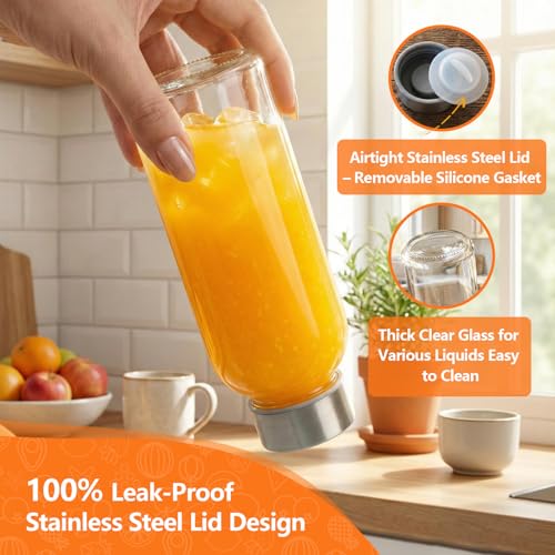 16 oz Clear Glass Water Bottles with Stainless Steel Lid