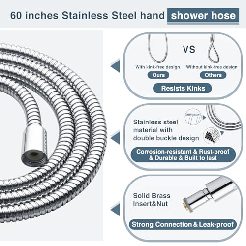 9 Spray Settings Shower Head with Handheld High Pressure Chrome Hand Held Showerhead with 60 Inch Stainless Steel Hose and Adjustable Overhead Bracket