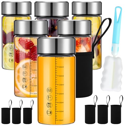 6 Pack 12 Oz Wide Mouth Glass Juice Bottles Glass Water Bottles with Lids and Sleeve for Juicing Smoothies Milk Protein Infused Water Reusable Leakproof Borosilicate Bottle (6 Count)