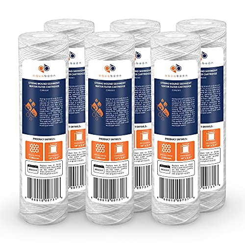 Whole House 5 Micron 10 x 2.5 String Wound Sediment Water Filter Cartridge Replacement Compatible with Well Water Filter WHKF (6 Count)