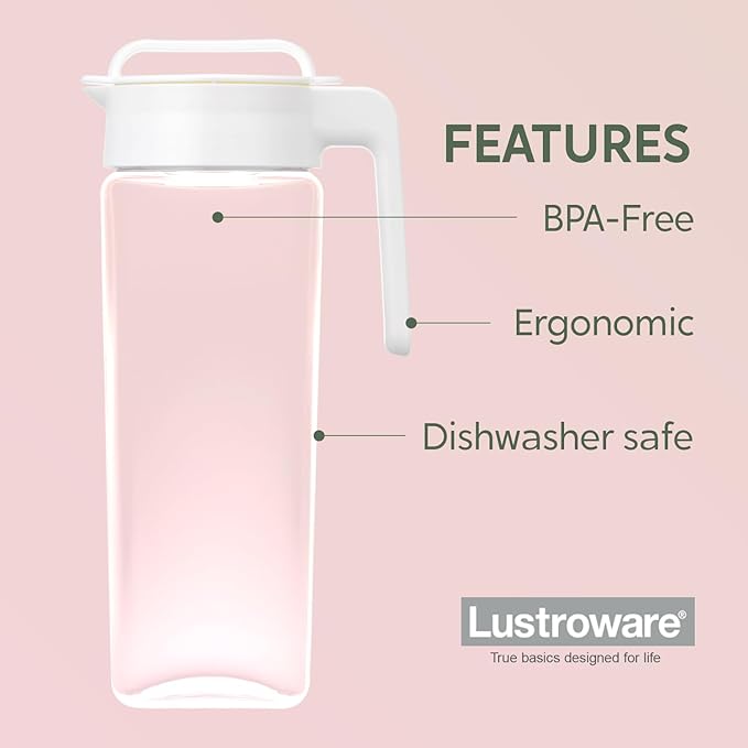 Lustroware TwistServe Airtight Pitcher - 2.1L (70oz), Heat Resistant, BPA-Free SAN Plastic, Screw-On Lid, Space-Saving, Made in Japan - White