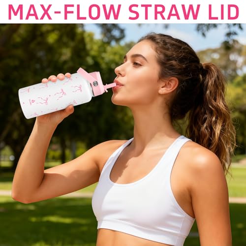 32oz Pink Bow Gift Insulated Water Bottle for Women with Straw