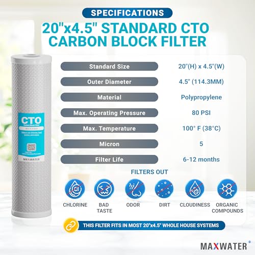 20 x 4.5 Whole House 1 Stage CTO Coconut Shell Carbon Block Water System w
