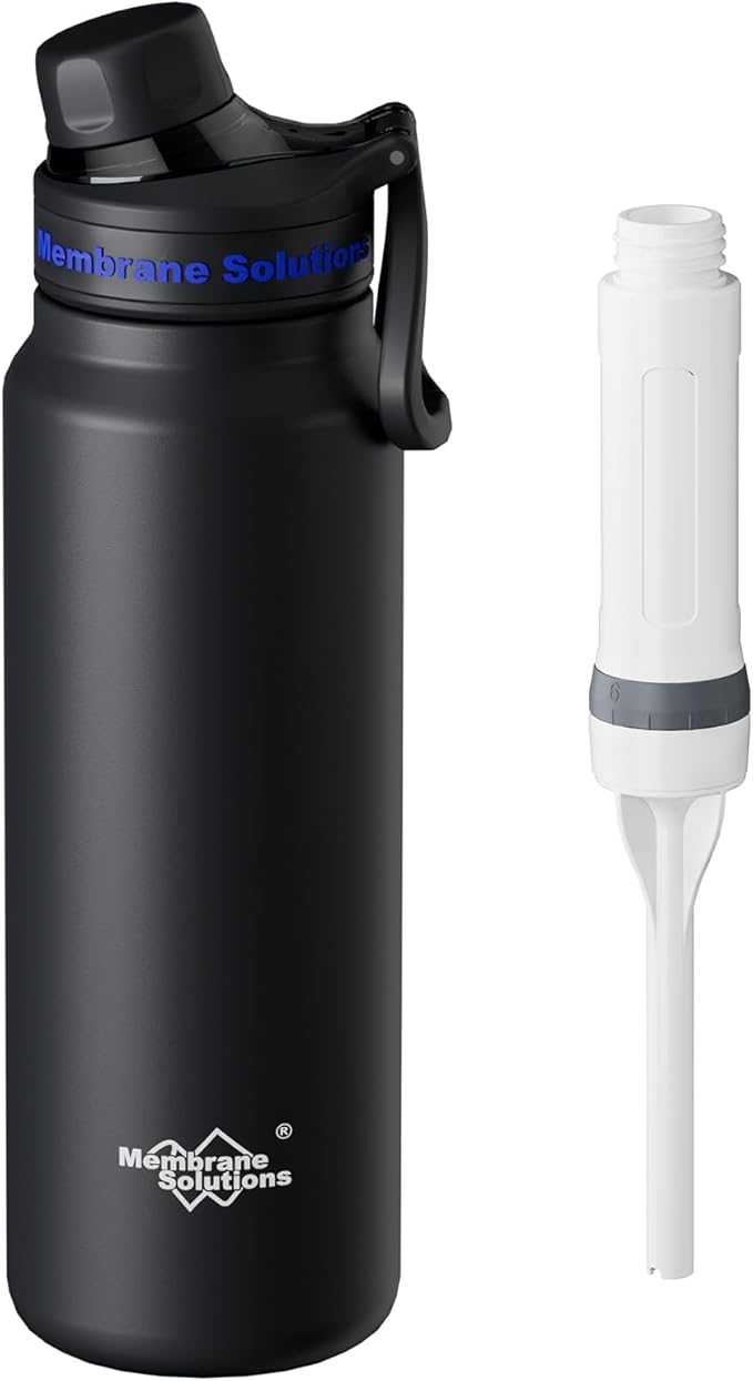 Membrane Solutions C3 Filtered Water Bottle, 32oz Stainless Steel Water Bottle with Replaceable Filter Cartridge, Portable Water Filter, Travel, Hiking & Camping for Drinking Water(Black)