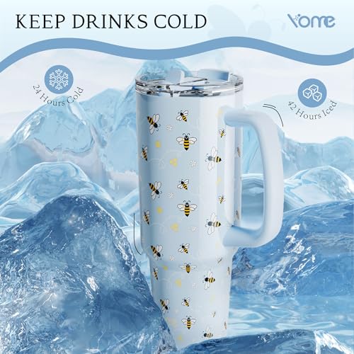 40oz Blue Bee Tumbler with Handle and Flip Straw