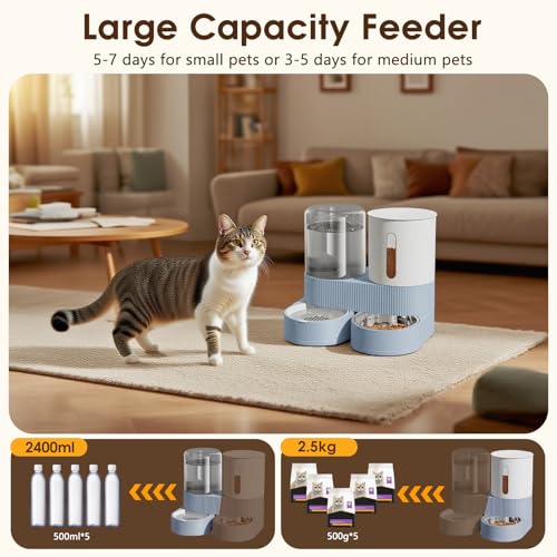 Automatic Gravity Cat Dog Feeder and Water Dispenser with 304 Stainless Steel Bowls 2 in 1 360 Degree Rotatable Auto 2.4L Dry Food and 2.6L Water Bowl for Small Medium Pet Dog Puppy Kitten