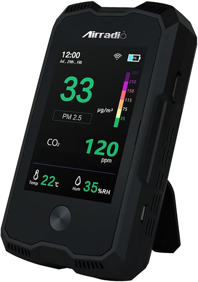 AirRadio Air Quality Monitor Meter A6 Carbon Dioxide Detector Air Quality Pollution Tester for CO2 PM2.5 PM10 Temp Humidity in Indoor Air Quality Meter with Electrochemical Sensor,Black