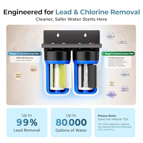 WGB21B-PB 2-Stage Whole House Water Filtration System w/ 10” x 4.5” Carbon Block FC15B and Lead Reducing Filter FCRC15B, 1" Inlet/Outlet Ports
