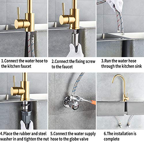Single Handle High Arc Brushed Gold Kitchen Faucet Stainless Steel Commercial Single Hole Kitchen Sink Faucet