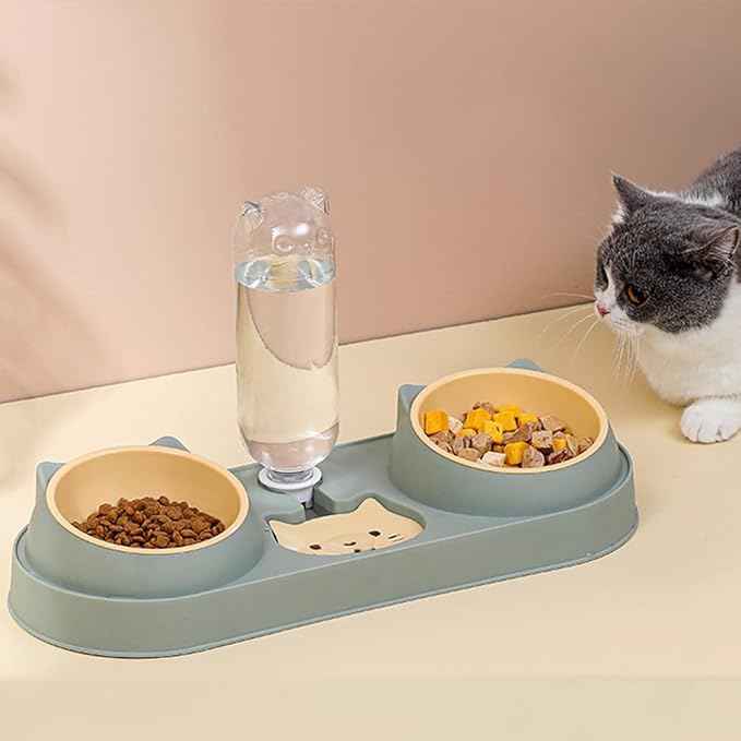 Triple Cat Food Bowls with Water Dispenser, Plastic Raised Cat Dishes, Automatic 3 in 1 Pet Bowls, 2 Food Bowls and Water Feeder Set, Wet and Dry Food Bowl Set for Cats Puppy Small Dogs (Dark Green)