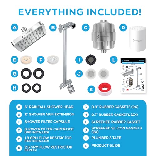 6" High Pressure Rain Shower Head with 23 Stage Filter Capsule & 11 Inch Adjustable Shower Arm Extension