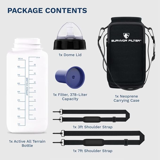 Survivor Filter Bottle - USA Made - Water Purification - Neoprene Case - For Hiking/Camping/Running