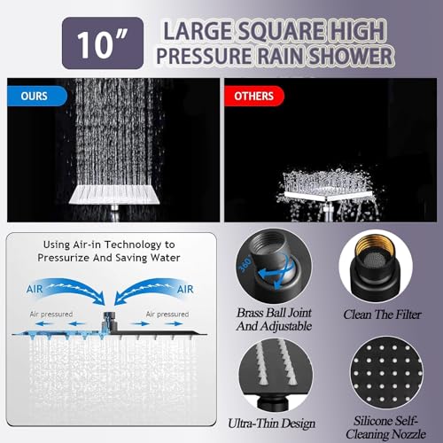 10" High Pressure Square Rainfall Shower Head and 2