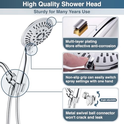 9 Spray Settings Shower Head with Handheld High Pressure Chrome Hand Held Showerhead with 60 Inch Stainless Steel Hose and Adjustable Overhead Bracket