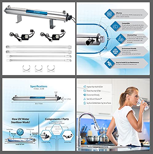 UV Water Filter Whole House Purifier System 110W Ultraviolet Light Lamp, 110V, 24GPM Flow Rate, 1-inch NPT Inlet Outlet Purification by Bluonics