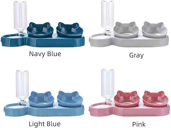 Triple Cat Bowls for Food and Water, Plastic Raised Cat Dishes, Automatic Water Bottle 3 in 1 Pet Bowls 2 Food Bowls and Water Feeder Set Wet Dry Food Bowl Set for Cats Puppy Small Dogs (Grey)