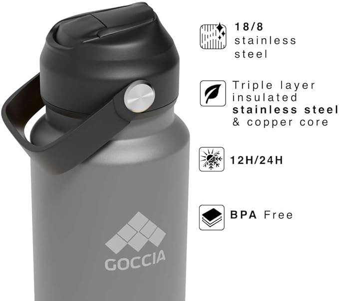 Sip & Scent 2-in-1 Smart Design 30 oz Insulated Water Bottle with Straw and Spout Lids and Refillable Perfume Container – 3-Layer Copper-Core, Leak-Proof Stainless Steel Water Bottle (Gray)