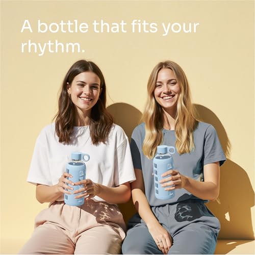 40oz / 32oz / 22oz / 12oz Borosilicate Glass Water Bottle with Time & Volume Markers, Silicone Sleeve, Stainless Steel Lid | Reusable Glass Bottle for Water & Juice (22oz Ice Blue)