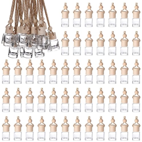 50Pcs Hanging Car Air Freshener Diffuser with Wooden Caps 8ML Empty Clear Car Diffuser Bottles Hanging Glass Essential Diffuser Oil Fragrance Perfume Pendant Glass Vial (50 Count)