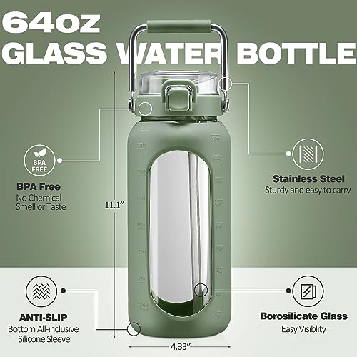 64oz Water Bottle Glass with Stainless Steel Handle Large Water Bottle with Time Markers and Silicone Sleeve Half Gallon Water Jug BPA Free for Gym Daily Use