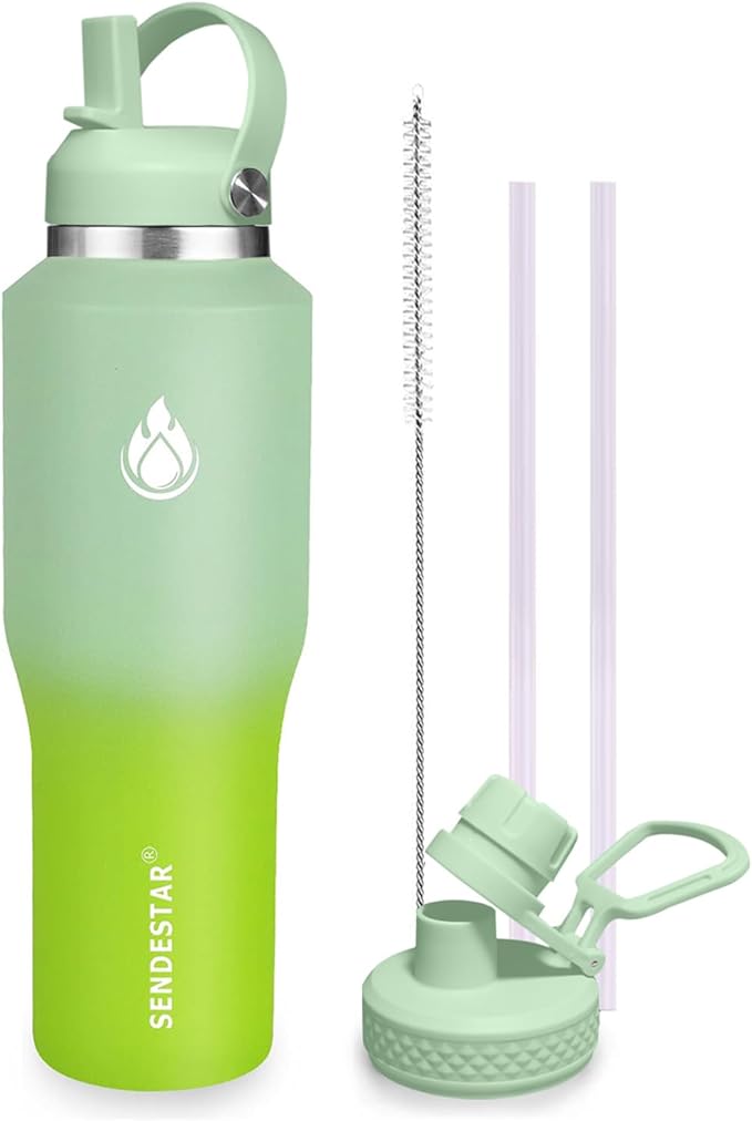 SENDESTAR Water Bottle,Wide Mouth Stainless Steel Vacuum Insulated Double Wall Keep Liquids Cold or Hot All Day,Sweat Proof Sport Design,Fit Car Cup Holder,Light Green Gradient,40 Ounces