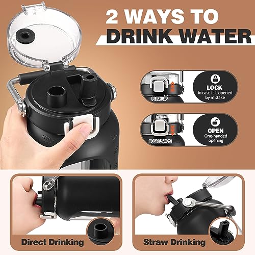 64oz Water Bottle Glass with Stainless Steel Handle Large Water Bottle with Time Markers and Silicone Sleeve Half Gallon Water Jug BPA Free for Gym Daily Use
