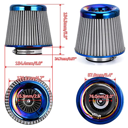 PTNHZ Universal Burnt Blue Neck 3" 76mm Car High Flow Cold Air Intake Air Filter Power Intake Air Inlet System Mushroom Head Air Cleaner