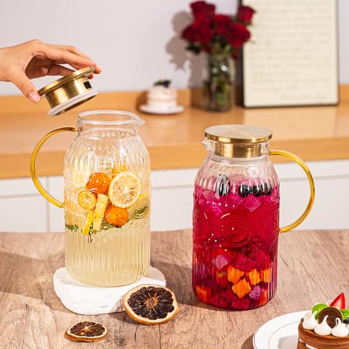 Glass Pitcher with Lid 68oz 2L Vintage Water Carafe Beverage 2Pack (2 Count)