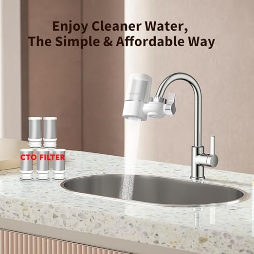 Vortopt Water Filter for Sink Faucet,NSF/ANSI 42 Certified Sink Water Filter,400 Gallon Capacity,Reduces 99% Chlorine & Odors,with 6 Replacement Cartridges.