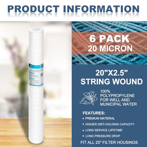 20 Micron 20"x2.5" String Wound Sediment Water Filter (6 Count)