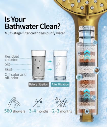 Filtered Shower Head with Handheld High Pressure 9 Spray Mode Showerhead Detachable Shower Head Water Softener Filters Beads for Hard Water Remove Chlorine 4 Filters Brushed Gold