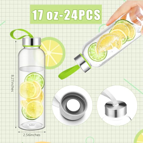 24 Pcs Reusable Clear Water Bottles Bulk with Stainless Steel Leak Proof Lids Sports Bottles with Nylon Camying Strap for Party Gift Water Milk Smoothie Juice Beverage (24 Count)