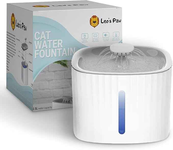 Leo's Paw Cat Water Fountain 84oz/2.5L Automatic Pet Water Dispenser with LED Light and Water Level Window Triple Charcoal Filter Ultra Quiet & Peaceful Flow Tilted Design for Easy Drinking