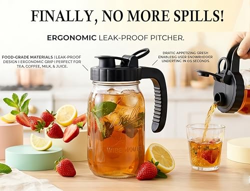 Glass Mason Jars Pitcher 32 Oz Pour Spout Lids & Handle (2 Count)