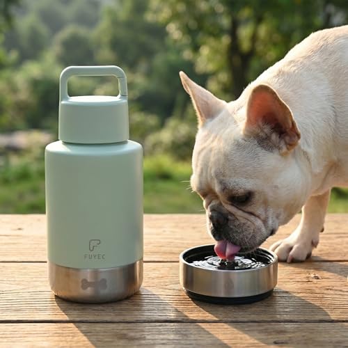 32oz 3-in-1 Dog Water Bottle Stainless Travel Cup with 2 Bowls,Green