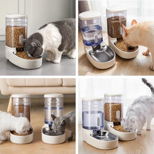 Automatic Cat Feeder and Water Dispenser with Stainless Steel Bowl Gravity Food Feeder and Waterer Set for Small Medium Dog Puppy Kitten 1 Gallon x 2