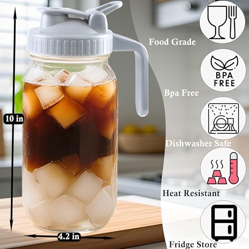 Glass Mason Jar Pitcher With Lid 64 Oz Wide Mouth Sun Tea Jar Half Gallon Cold Hot Water Pitcher 2 Quart Brew Coffee Jug Carafe For Fridge (2 Count)