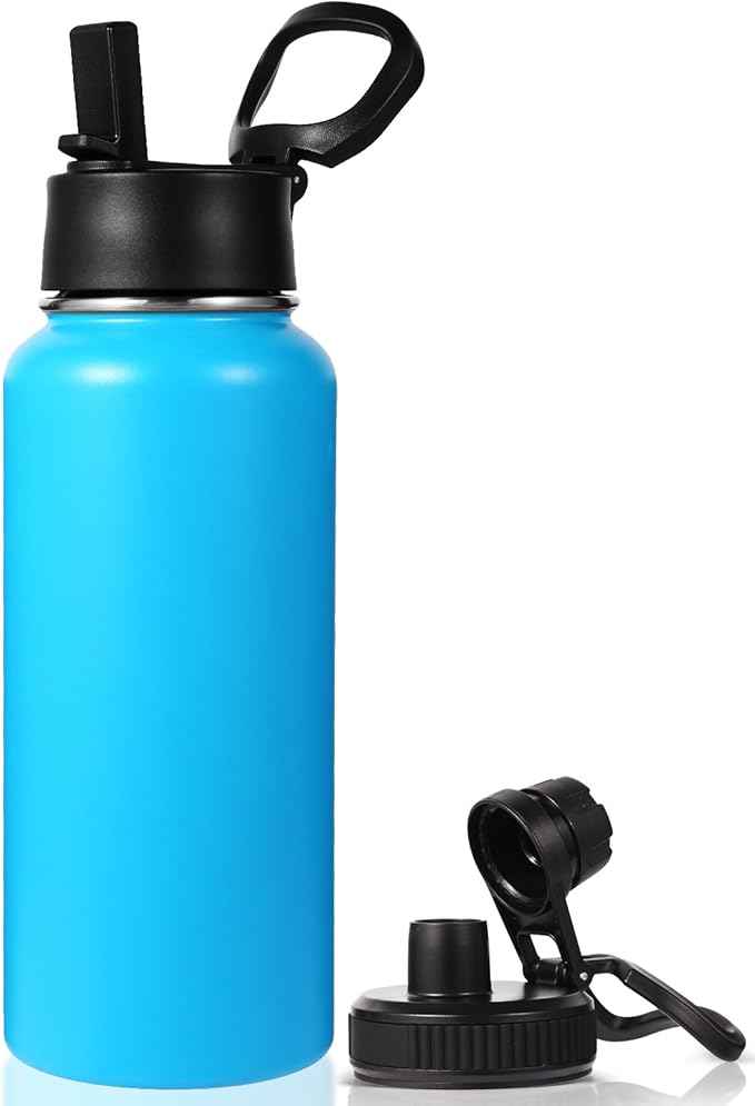 Neihepal 32 oz Insulated Water Bottle with 2 Lids (Straw & Spout Lid), 18/8 Stainless Steel Double Wall Water Bottles for Gym, Travel, Camping, Sports (Bule,1 Pack)