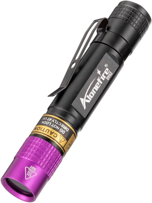 Alonefire SV62 Mini 3W UV Flashlight 365nm Portable Ultraviolet Black Light Very Small EDC for Minerals, Pet Urine Detector, Scorpions, Finding Stains, Money Detection with AAA Battery Easy to Replace