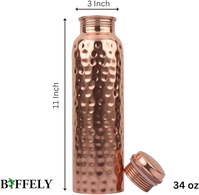 100% Pure Copper Water Bottle for Drinking – Extra Large 34 Oz Wide Mouth, Hammered Ayurvedic Copper Water Bottle – Handcrafted Leak-Proof Vessel, Reusable, BPA-Free & Travel Friendly