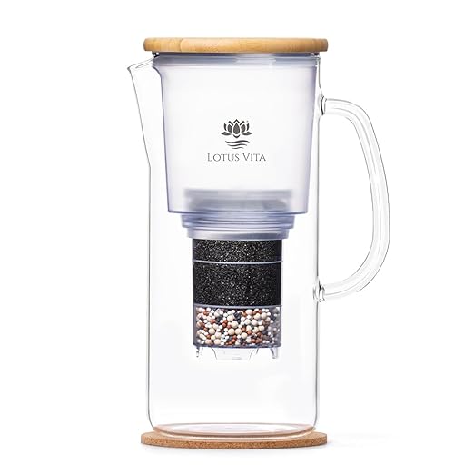 ENYA Glass Water Filter Pitcher (10-Cups Total) - Removes Impurities, Adds Minerals - BPA Free - Glass & Bamboo Design - Improves Water Quality, Taste, and Drinking Habits
