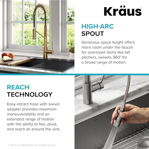 Oletto Commercial Style Single Handle Pull Down Kitchen Faucet with QuickDock Top Mount Installation Assembly in Brushed Brass