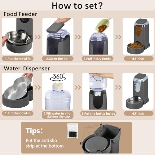 2 Pack Automatic Cat Feeder and Gravity Stainless Steel Water Dispenser