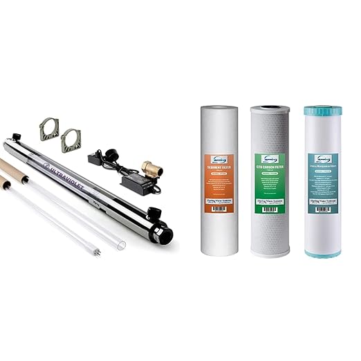 iSpring UVF55FS Whole House UV Water Filter & F3WGB32BM 4.5” x 20” 3-Stage Whole House Water Filter Set Replacement Pack White (Pack of 1)